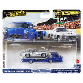 IN STOCK! Hot Wheels Team Transport 2024 Mix 3, Mercedes-Benz 300 SL with 1955 Mercedes-Benz Blaues Wunder