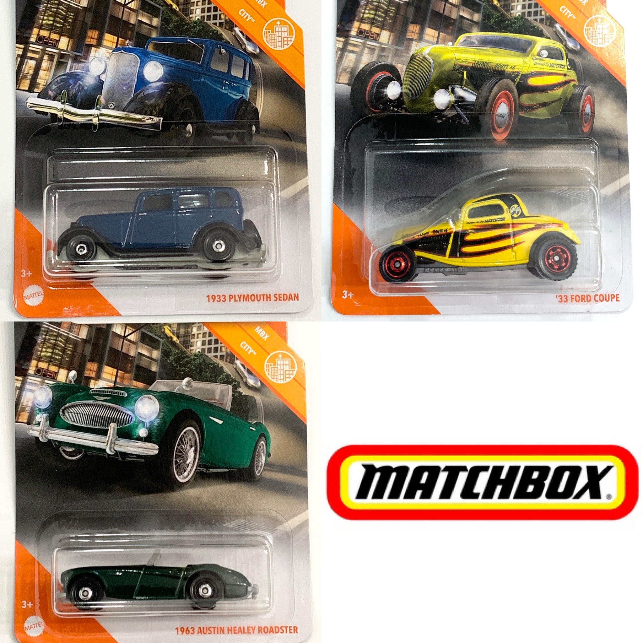 IN STOCK! MACTHBOX Metal Parts SET OF 3. 1933 Plymouth Sedan, 1963 Austin  Healey Roadster, 1933 Ford Coupe