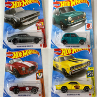 
              IN STOCK! 2021 HotWheels Mainline. SET OF 4. Nissan Skyline 2000GT-R, Custom ‘70 Honda N600, Shelby Cobra 427 S/C, ‘67 Chevelle SS 396
            